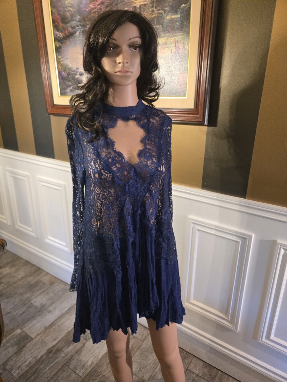 Free People Navy Lace Long Sleeve Mini Dress
